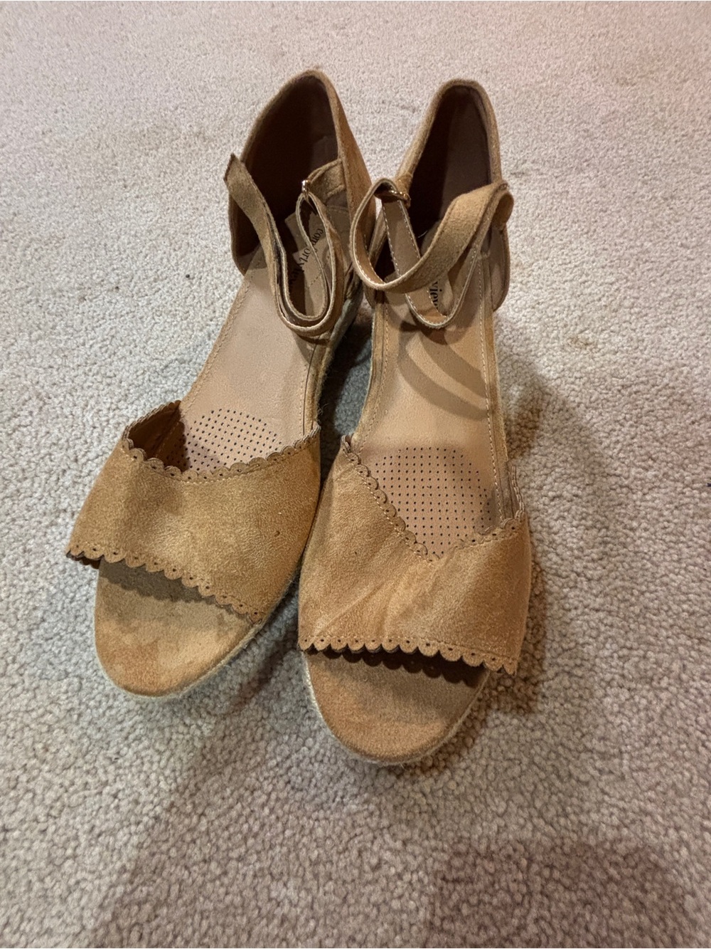 Women’s Tan Suede Scalloped Ankle-Strap Wedge